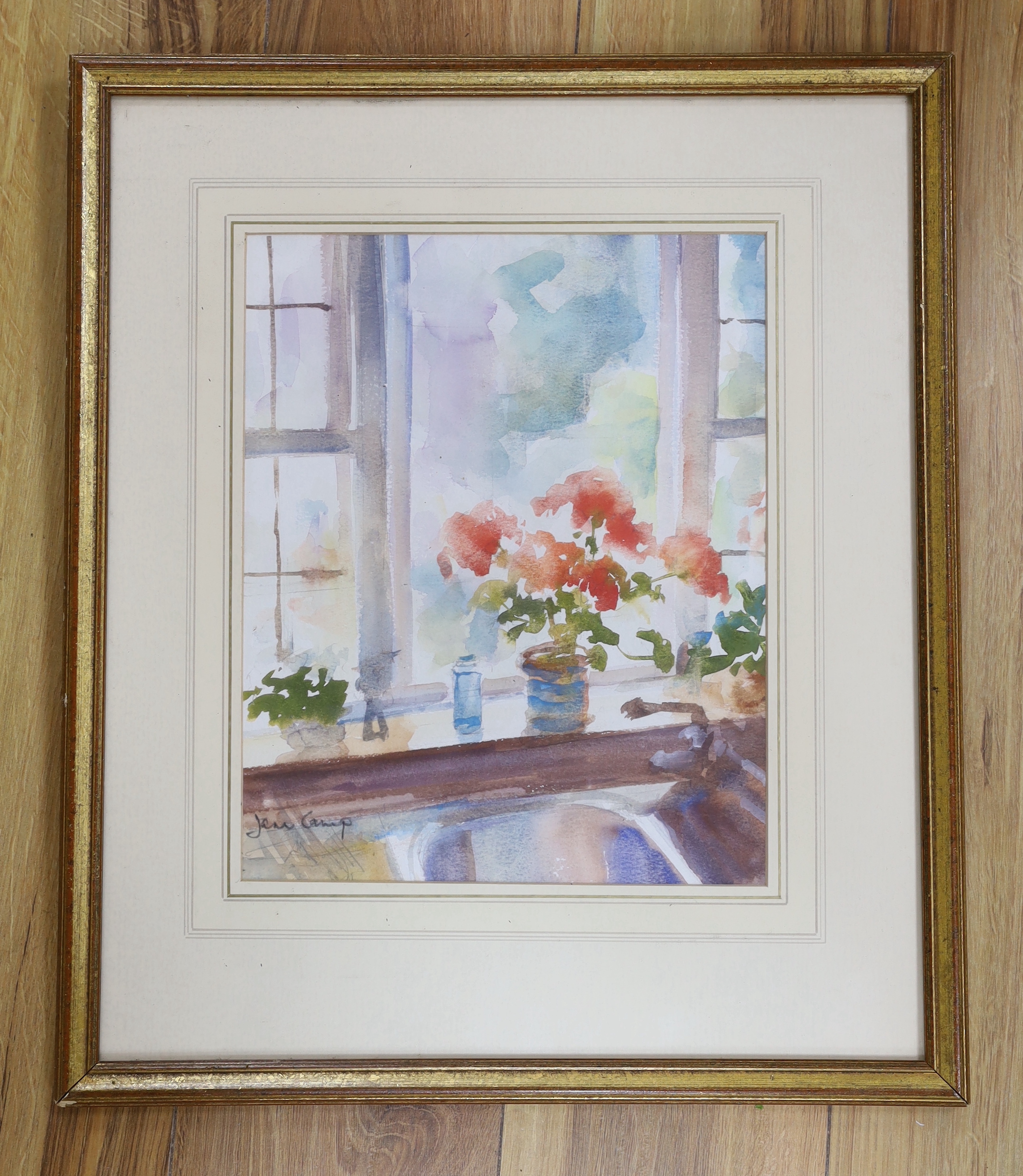 Jane Camp, watercolour, Pelargoniums on a window sill, signed, 32 x 26cm